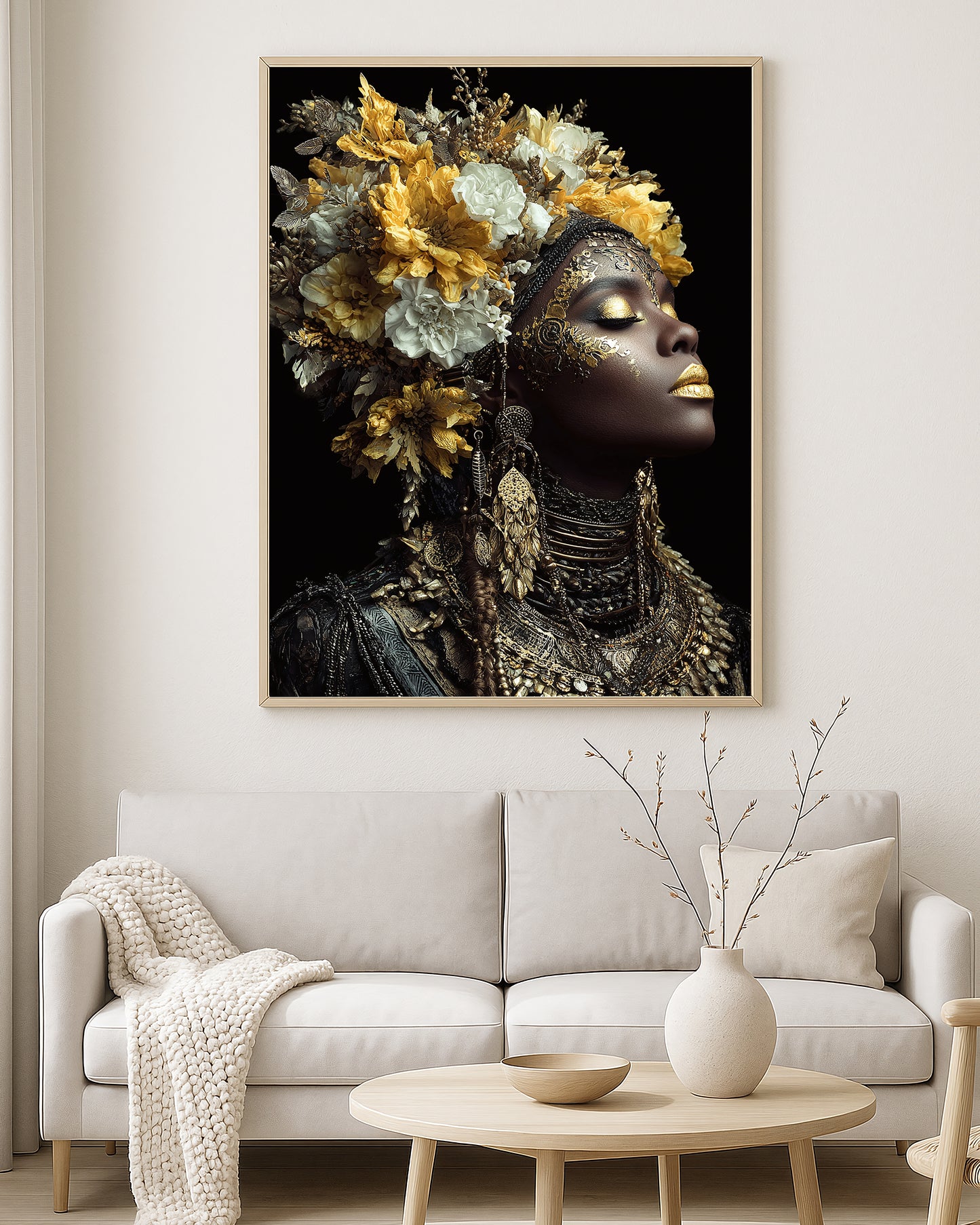 Dramatic portrait artwork showing a woman’s face covered in black, gold, silver, and rose-toned floral textures against a dark background