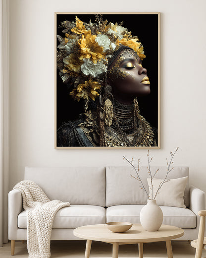 Dramatic portrait artwork showing a woman’s face covered in black, gold, silver, and rose-toned floral textures against a dark background