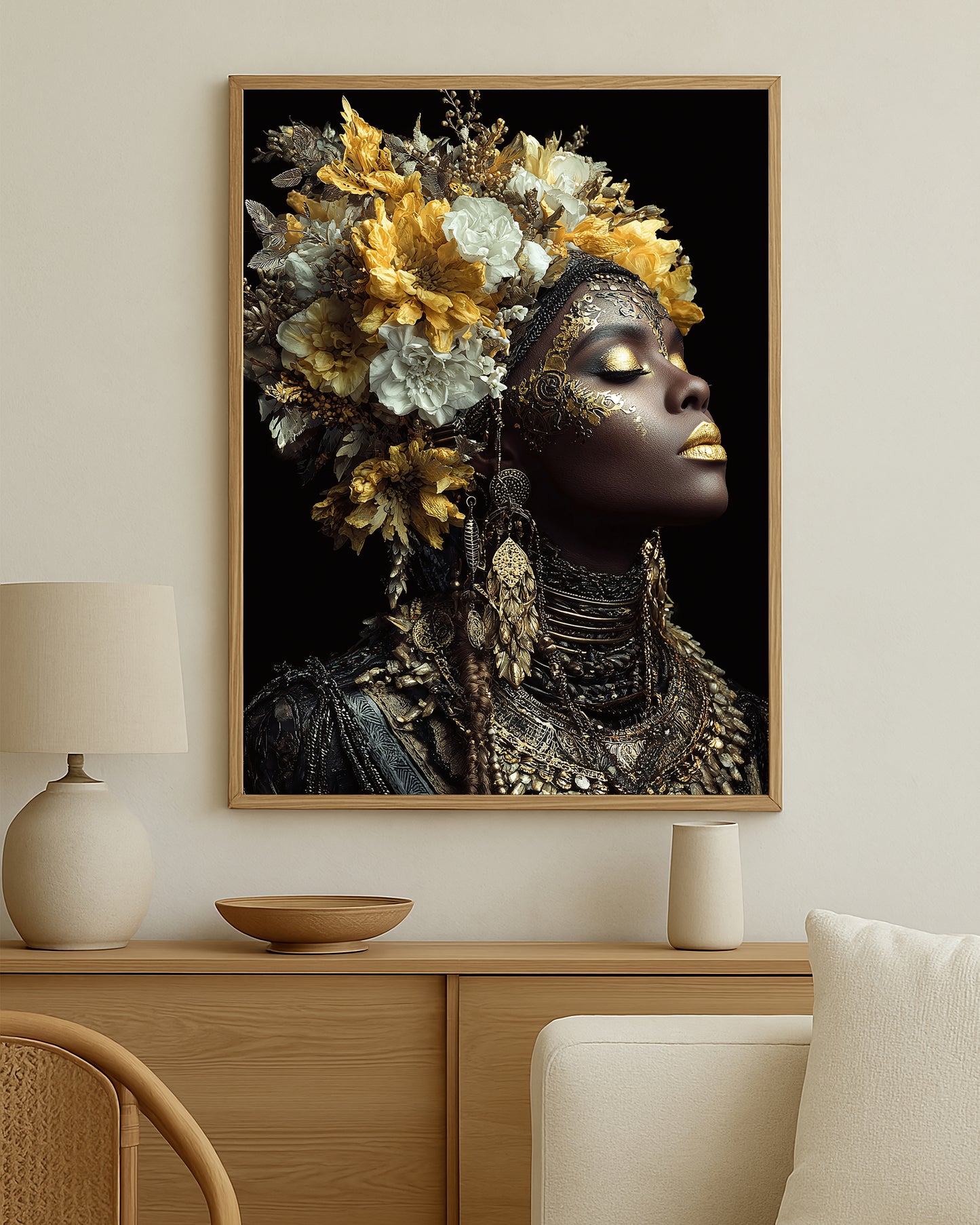 Luxury floral wall art print with a close-up female profile, cracked metallic accents, and vivid pink flower embellishments