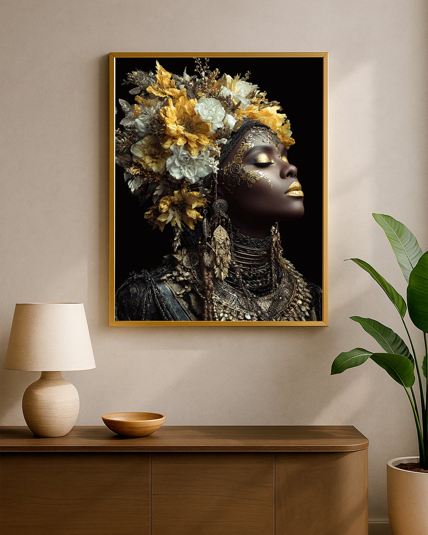 Contemporary portrait decor featuring sculptural black and gold facial textures, floral overlays, and strong editorial contrast