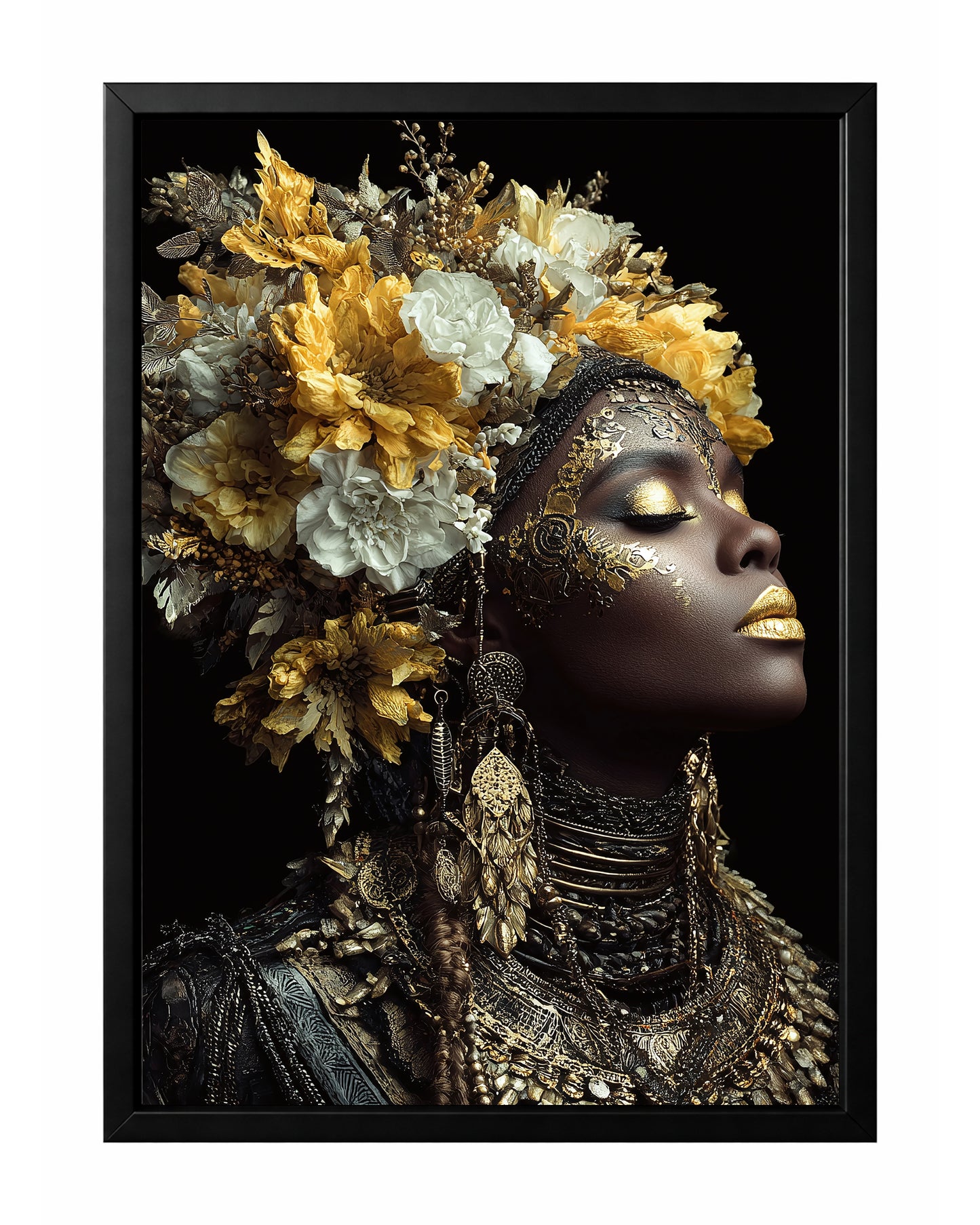 Black gold floral face wall art featuring a close-up side profile with metallic textures, pink hibiscus bloom, and layered botanical detail
