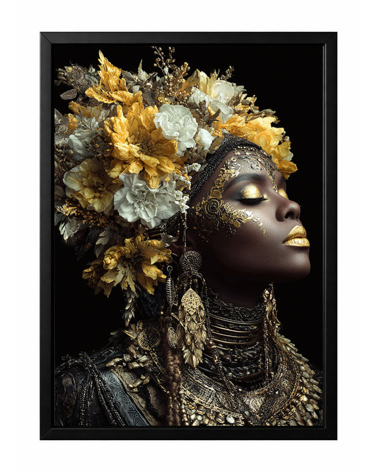 Black gold floral face wall art featuring a close-up side profile with metallic textures, pink hibiscus bloom, and layered botanical detail
