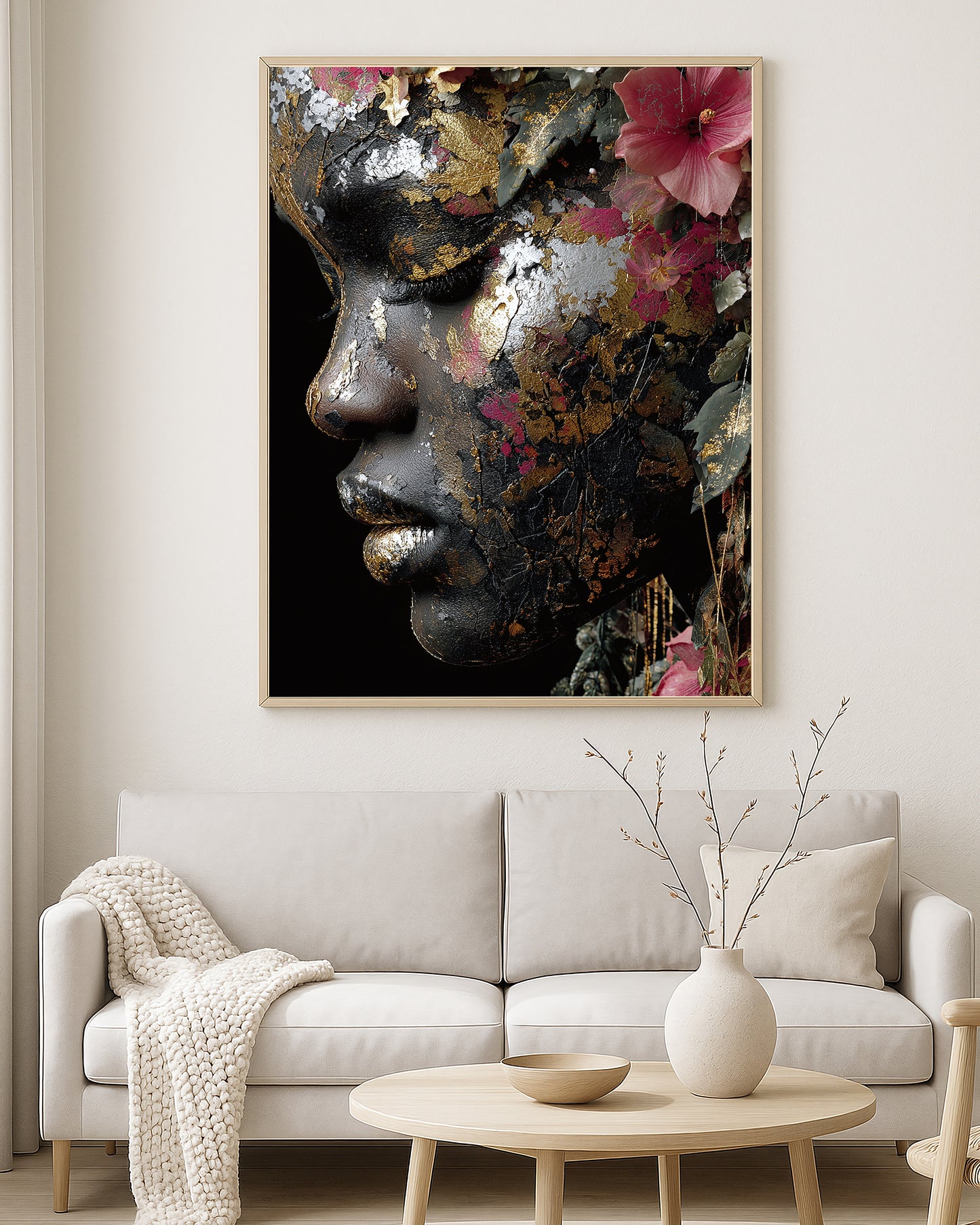 Fashion portrait artwork featuring a woman with metallic-style facial details, oversized circular sunglasses, and dramatic statement accessories