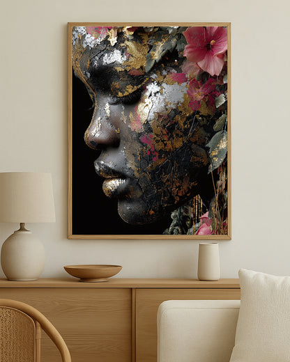Modern bohemian wall art print with layered headwrap textures, large earrings, and reflective round glasses against a dark background