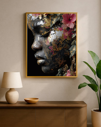 Contemporary portrait decor showing a woman with gold-toned skin accents, patterned sunglasses, and elegant boho styling