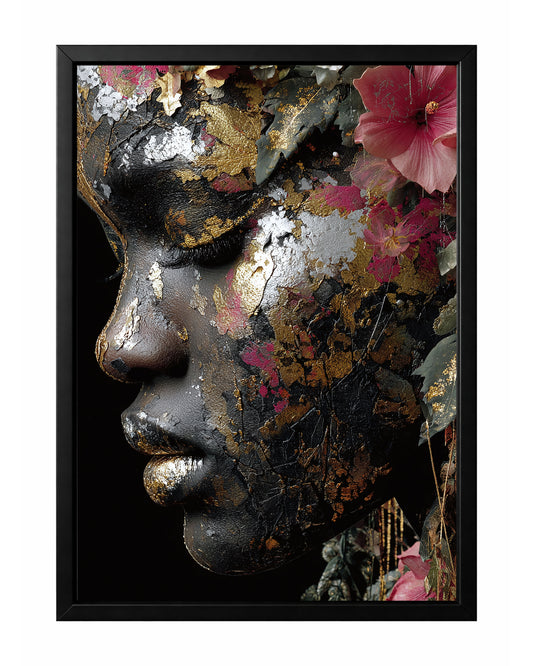 Boho glam woman portrait wall art with round sunglasses, ornate earrings, and a richly textured gold and black headwrap