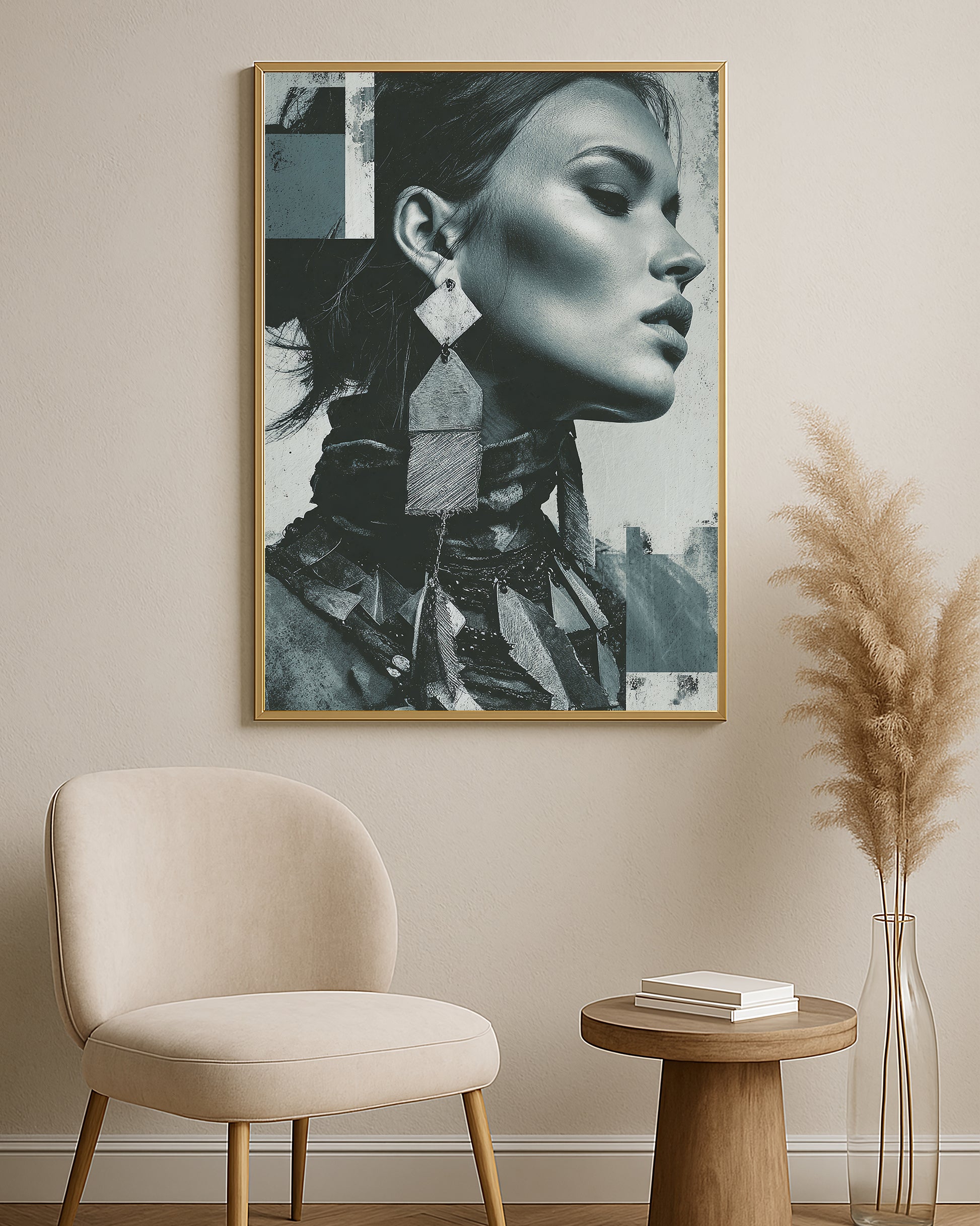 Editorial female portrait print showing a side profile in cool teal-gray tones with large statement accessories.
