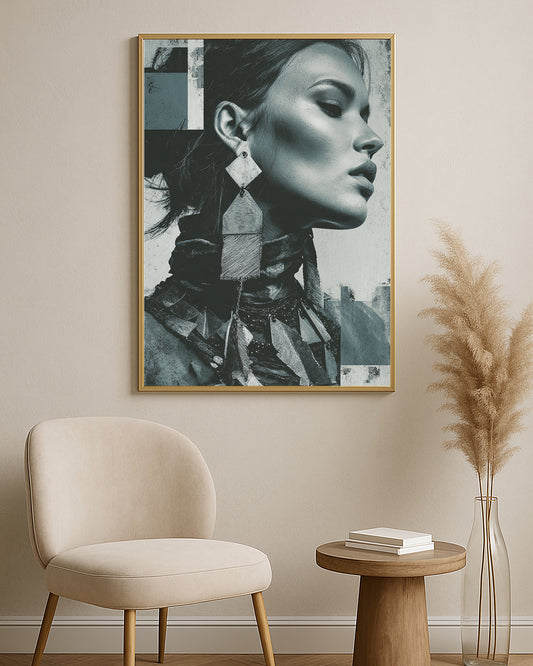 Editorial female portrait print showing a side profile in cool teal-gray tones with large statement accessories.