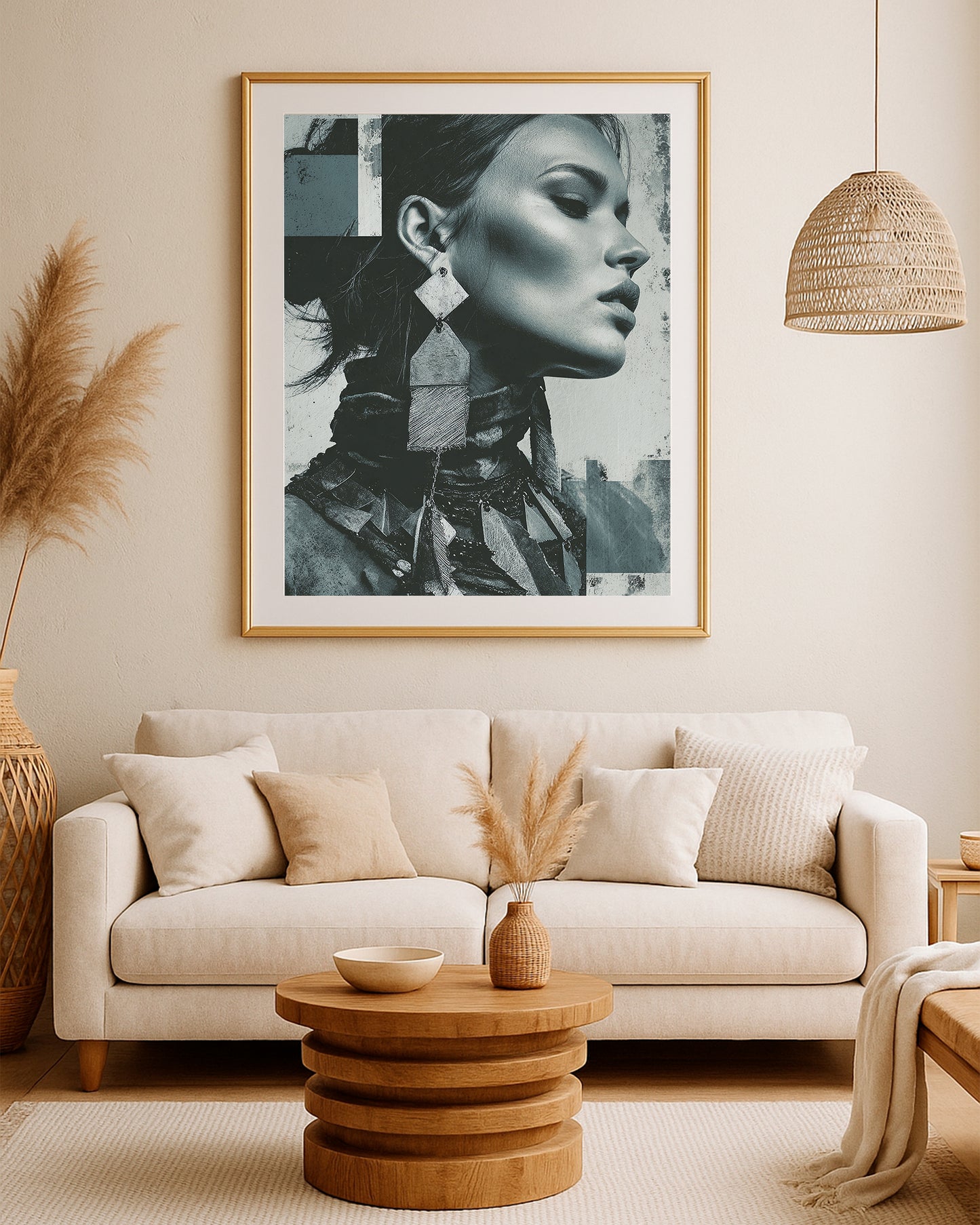 Modern woman profile artwork with muted teal, gray, black texture, and bold geometric jewelry.