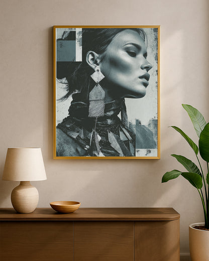 Refined monochrome portrait wall art featuring a woman in profile with dramatic makeup and abstract background.