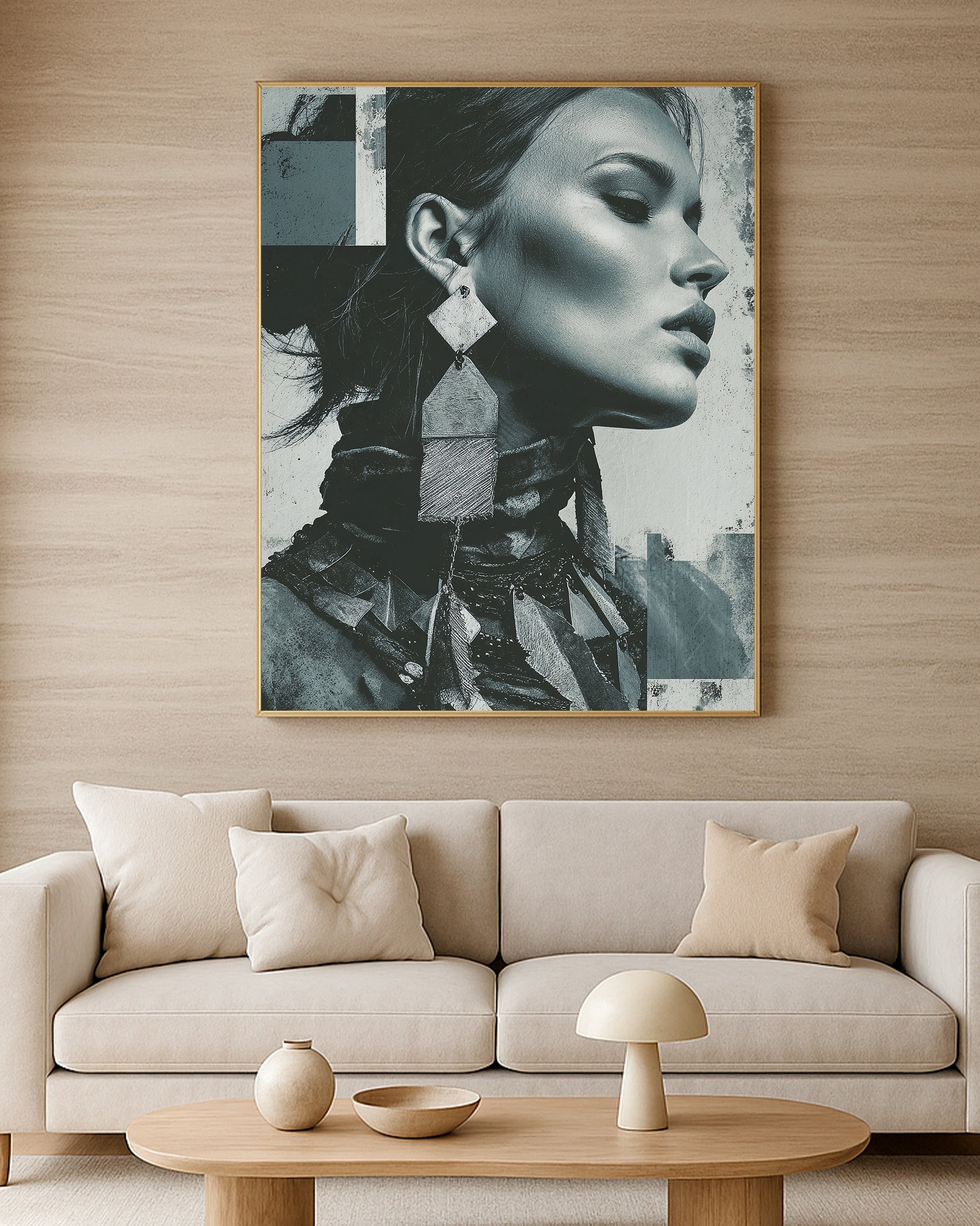 Cool-toned female profile print with geometric earring, layered neck jewelry, and textured editorial styling.