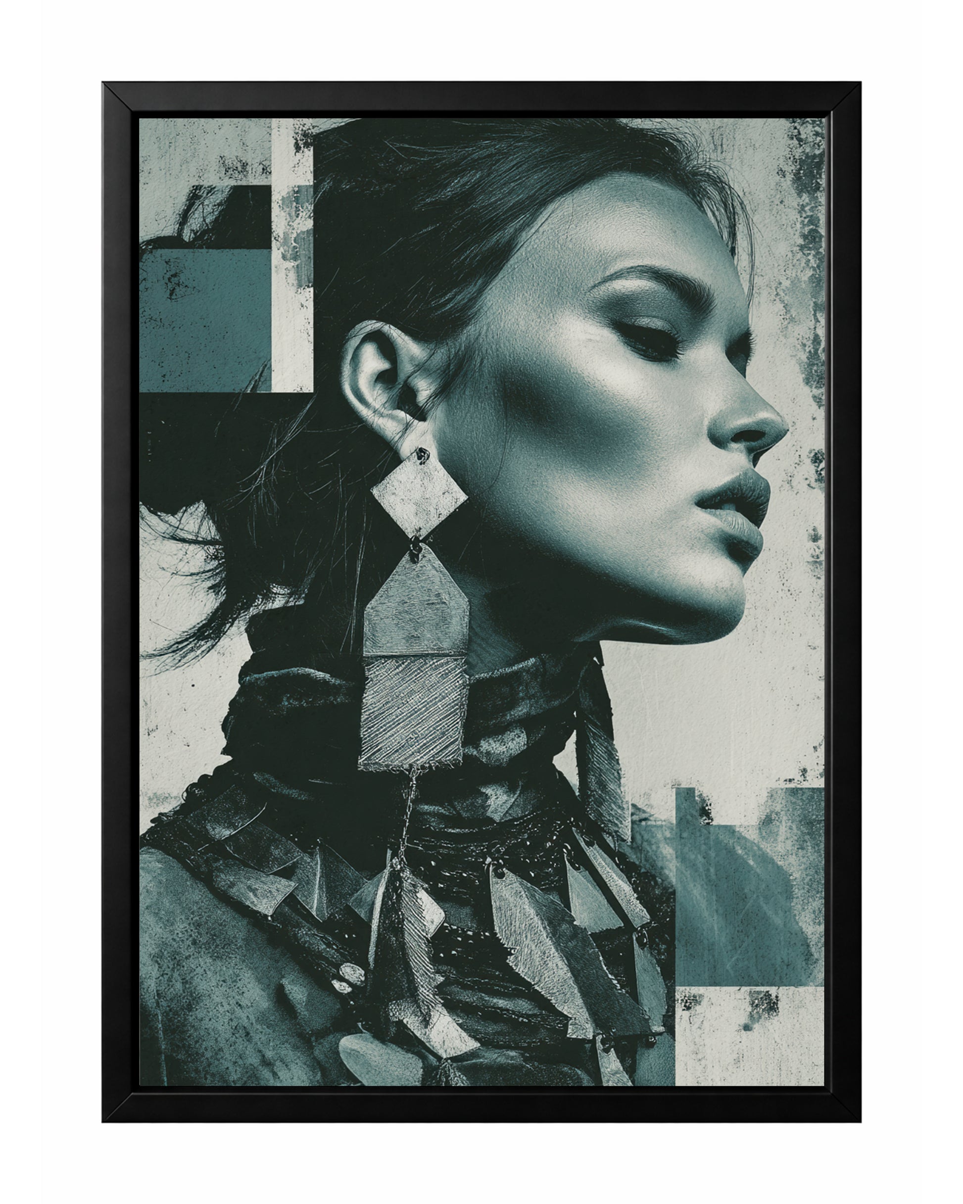 Teal gray woman profile wall art with geometric earring, sculptural jewelry, and textured monochrome background.