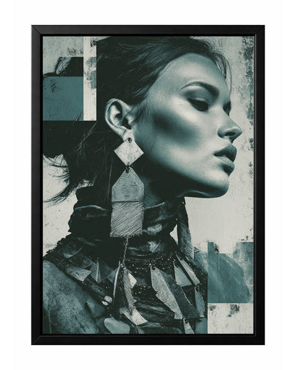 Teal gray woman profile wall art with geometric earring, sculptural jewelry, and textured monochrome background.
