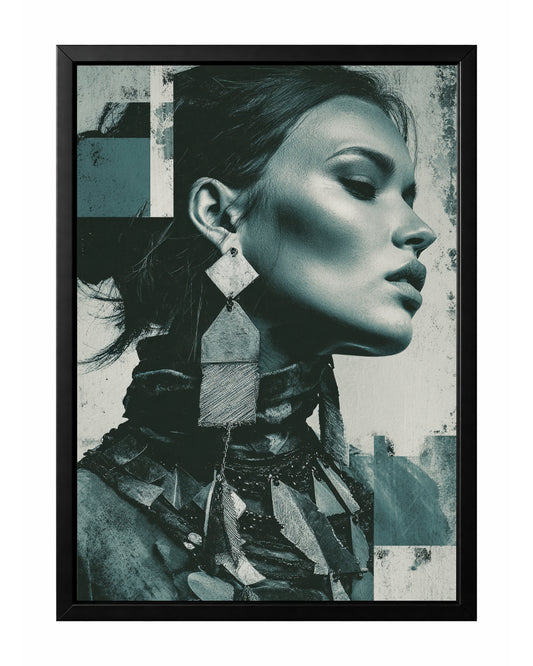 Teal gray woman profile wall art with geometric earring, sculptural jewelry, and textured monochrome background.