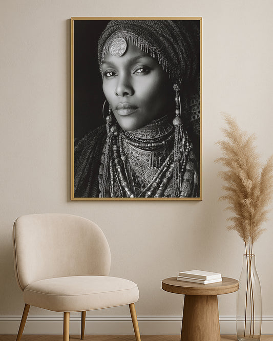 Black and white portrait wall art showing a woman with detailed beads, earrings, and decorative headwear.