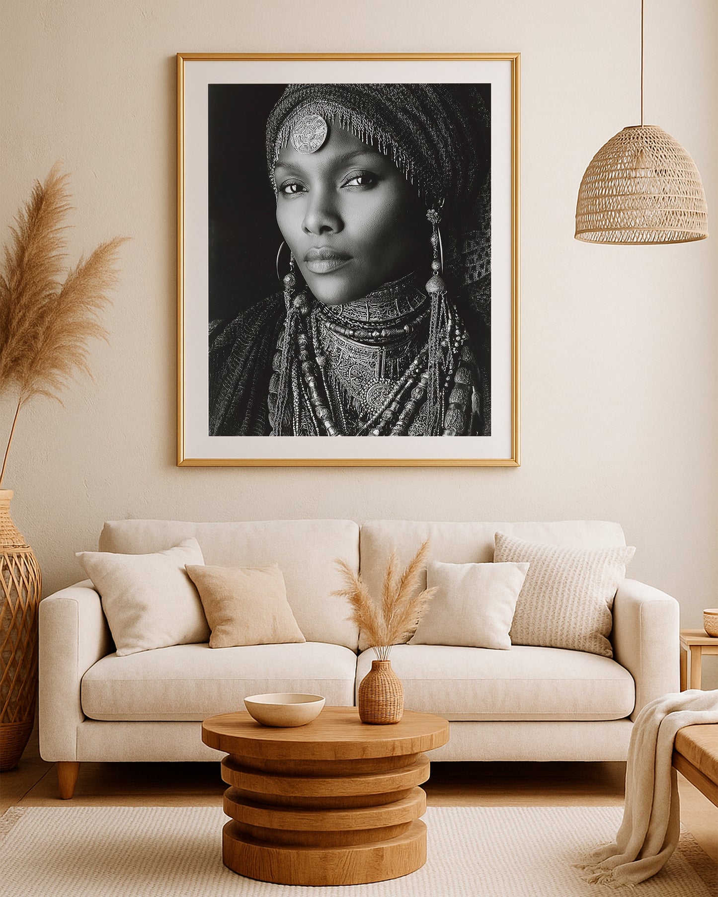 Elegant female portrait print with dark background, intricate jewelry, and refined monochrome contrast.