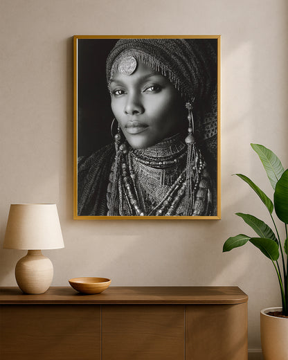 African-inspired woman artwork featuring expressive eyes, ornate accessories, and black and white detail.