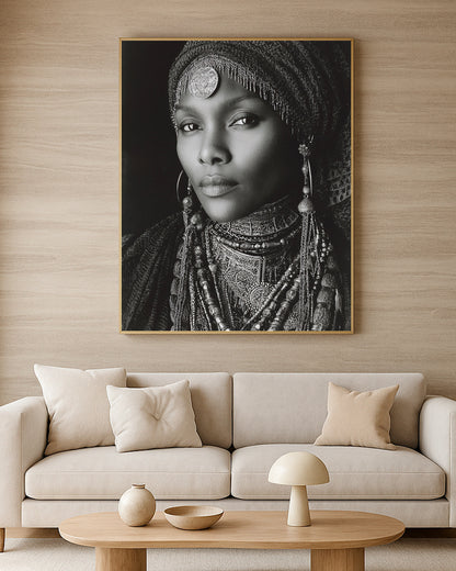 Dramatic portrait wall art with layered necklaces, detailed head covering, and strong museum-style composition.