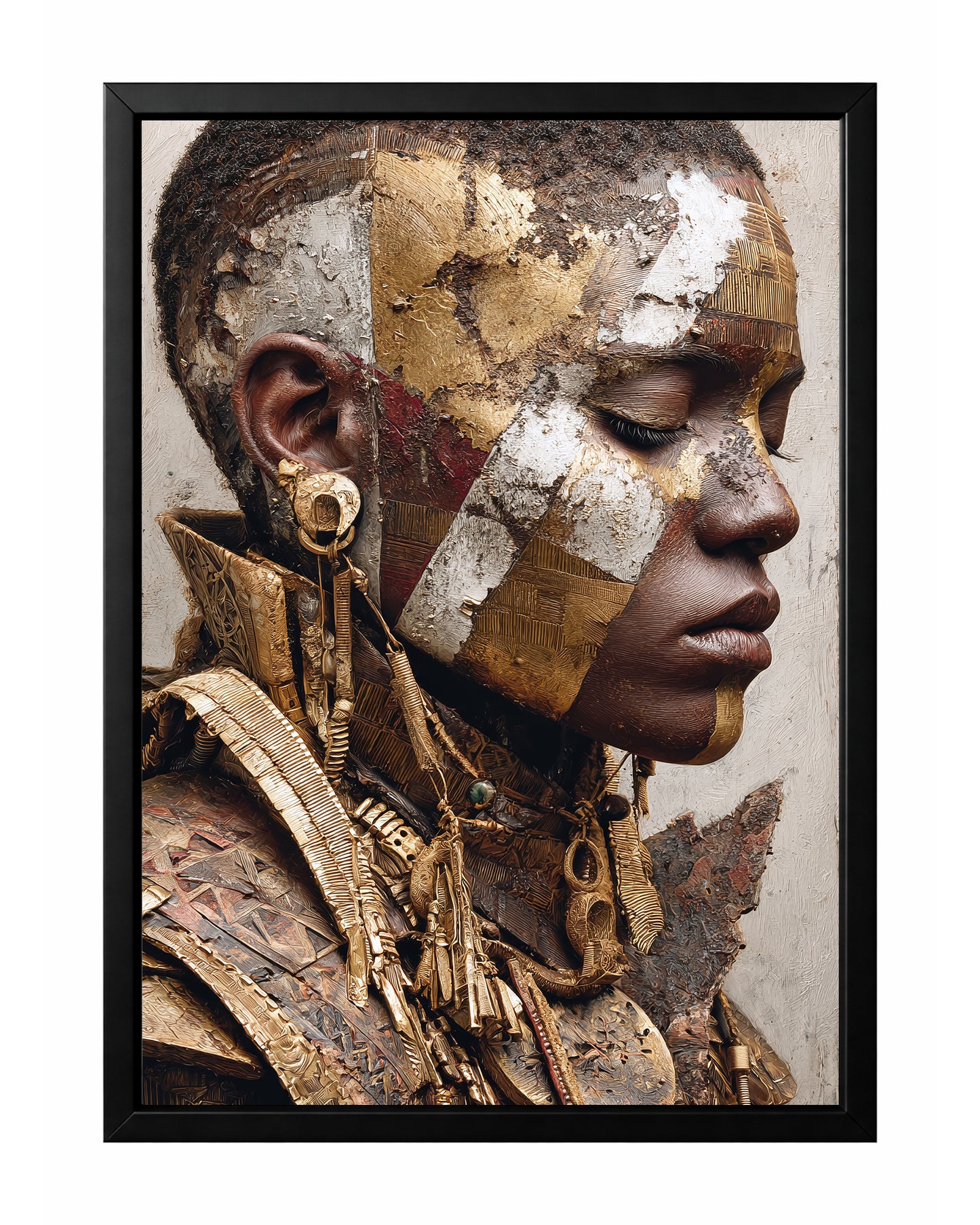 Textured portrait art of an African woman in profile with layered gold, bronze, and ivory collage details and ornate jewelry.