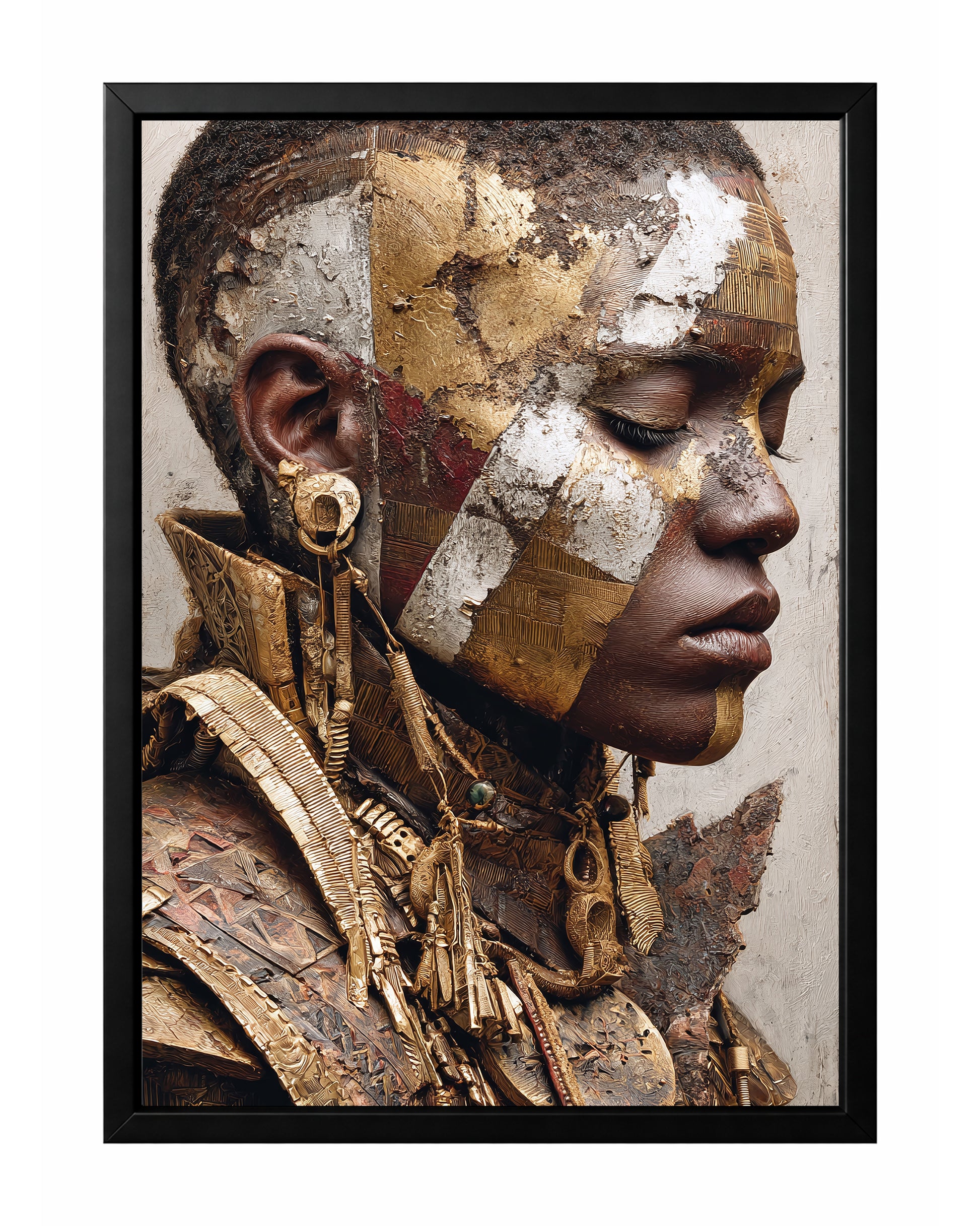 Textured portrait art of an African woman in profile with layered gold, bronze, and ivory collage details and ornate jewelry.