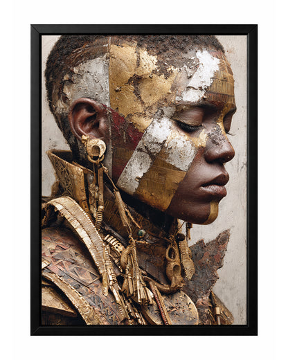 Textured portrait art of an African woman in profile with layered gold, bronze, and ivory collage details and ornate jewelry.