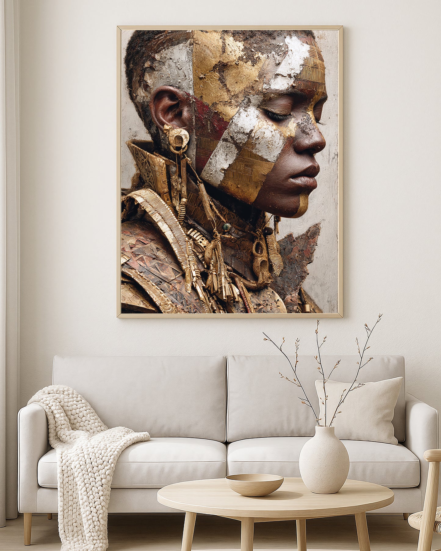 Close-up mixed media portrait featuring a woman with closed eyes, metallic gold textures, geometric facial layers, and detailed adornments.