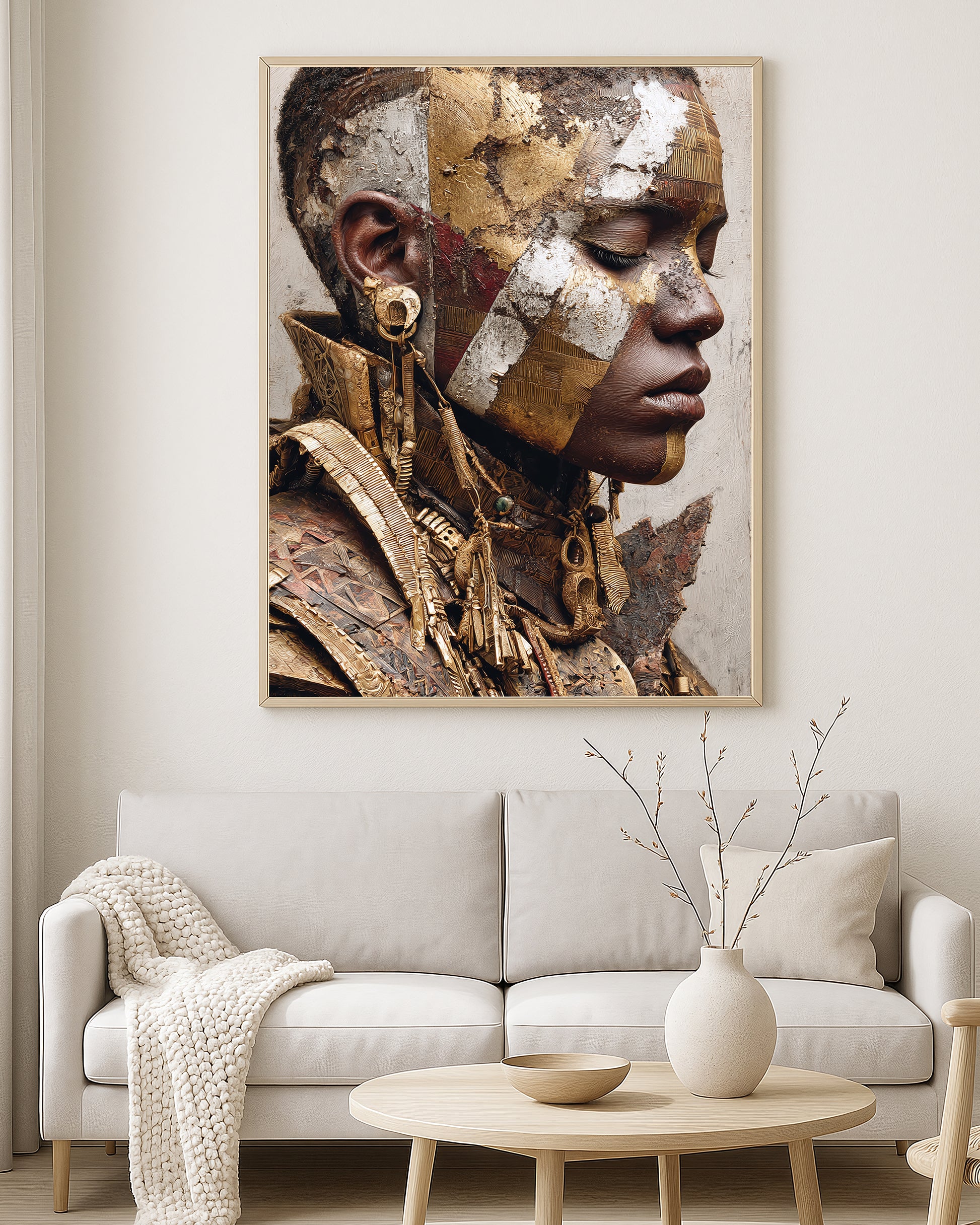 Close-up mixed media portrait featuring a woman with closed eyes, metallic gold textures, geometric facial layers, and detailed adornments.