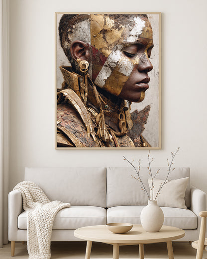 Close-up mixed media portrait featuring a woman with closed eyes, metallic gold textures, geometric facial layers, and detailed adornments.