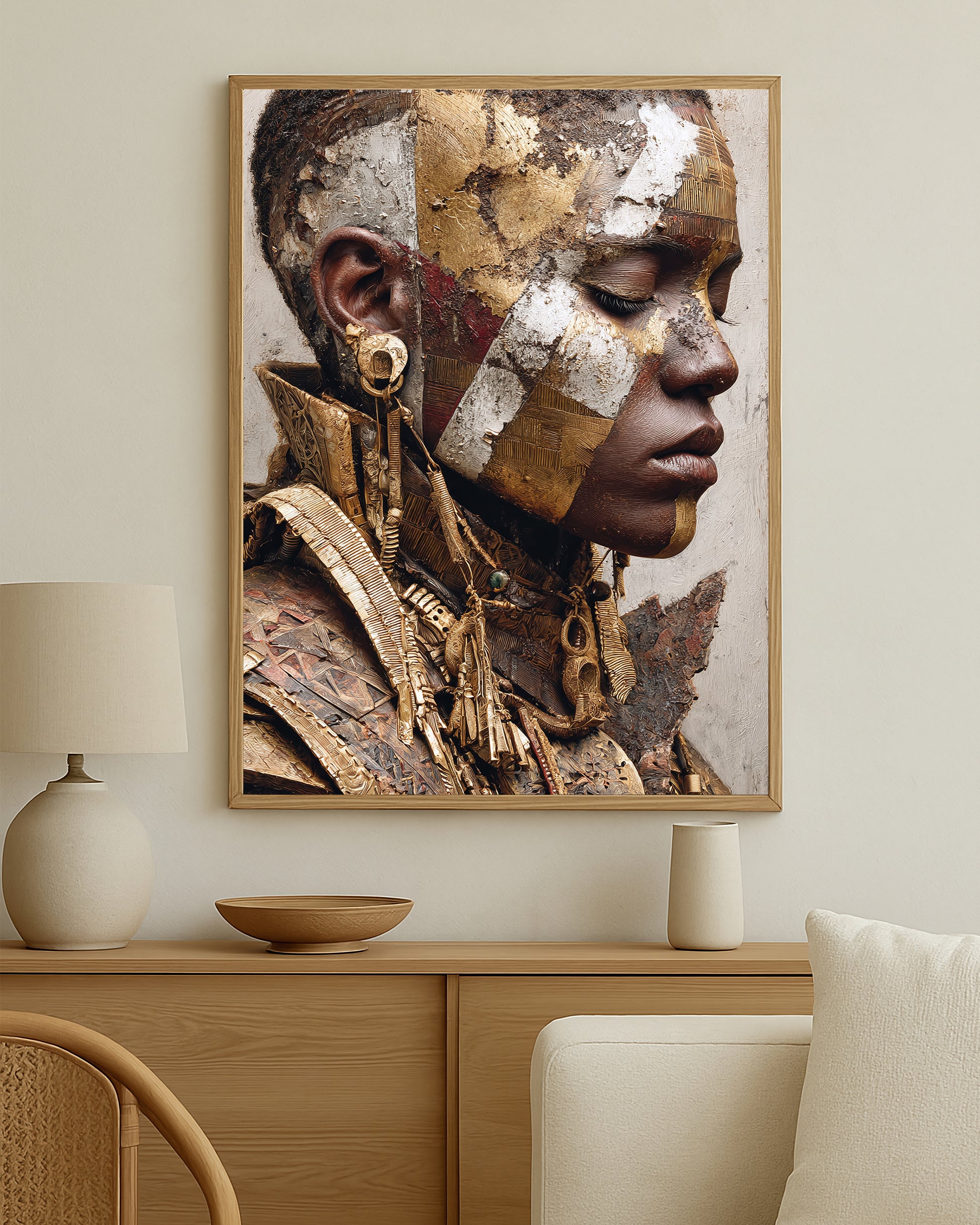 Editorial-style portrait artwork showing a woman in side profile with sculpted gold elements, rich brown tones, and collage-inspired textures.