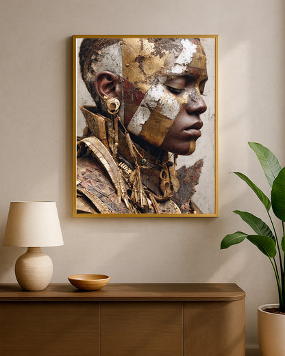 Luxury portrait wall art of a woman with metallic gold and ivory layered facial panels, intricate jewelry, and a softly textured neutral background.