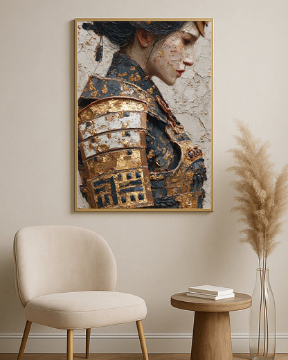 Textured female warrior portrait featuring black garment details, metallic gold armor, and plaster-style texture.