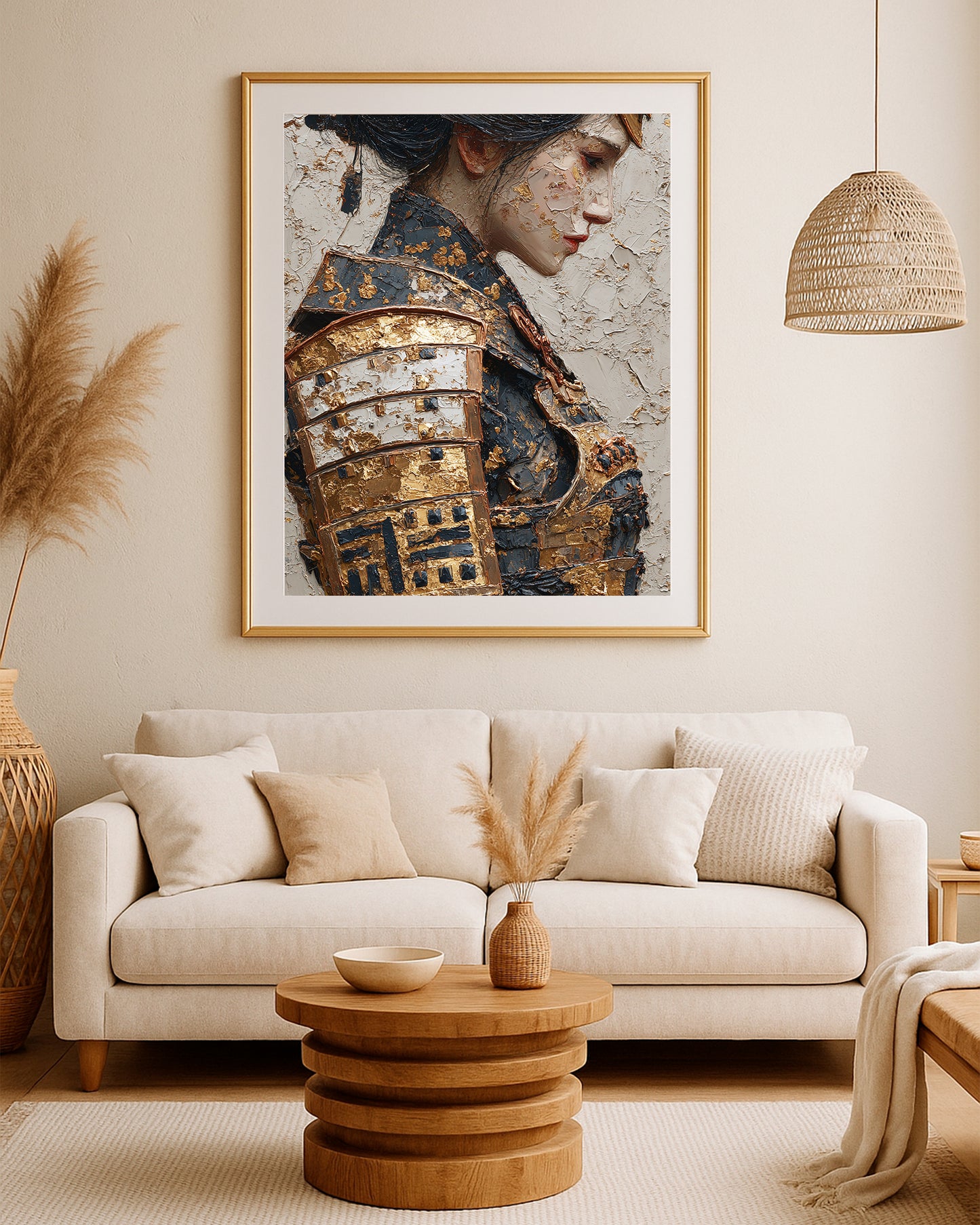 Elegant samurai woman wall art in side profile with gold accents, dark hair, and refined neutral tones.