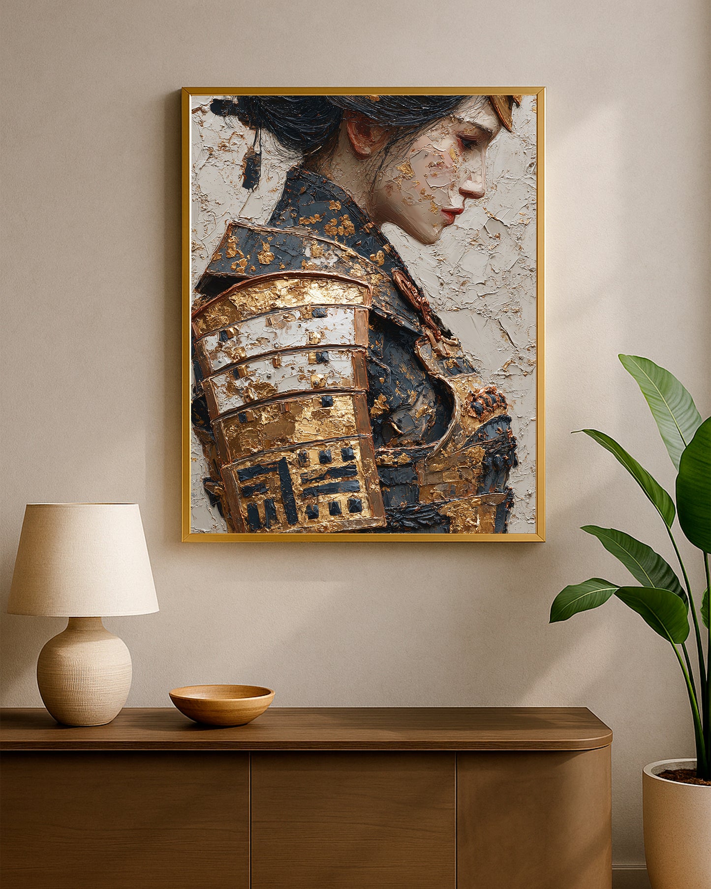 Japanese warrior portrait print with layered black and gold armor, cream background, and expressive texture.