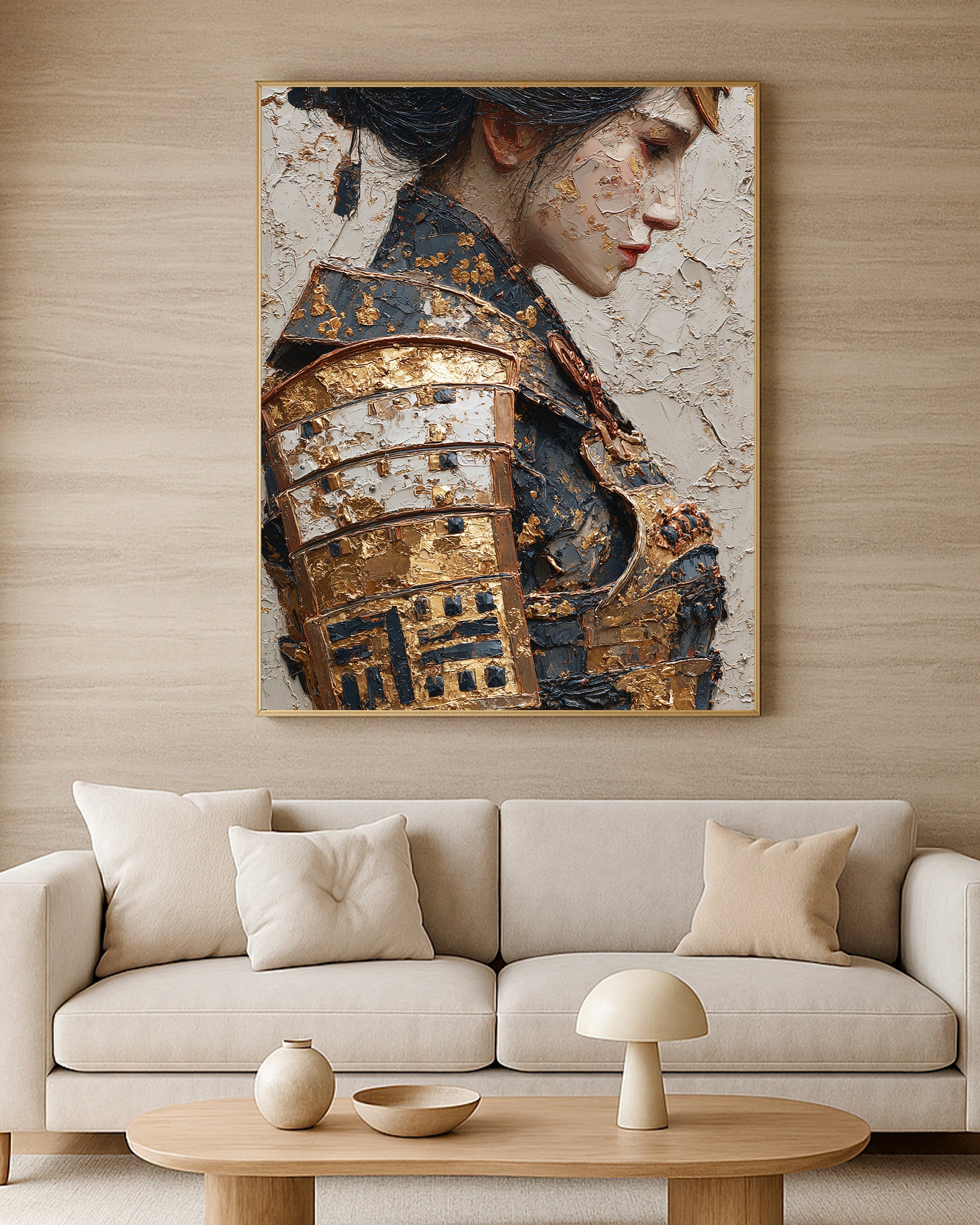 Fine art female samurai portrait with ornate gold armor, dark profile detail, and raised painterly surface.
