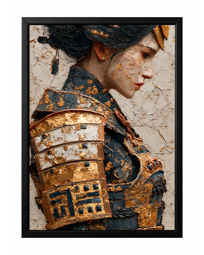 Japanese-inspired samurai woman portrait wall art with dark hair, gold armor, and cream textured background.