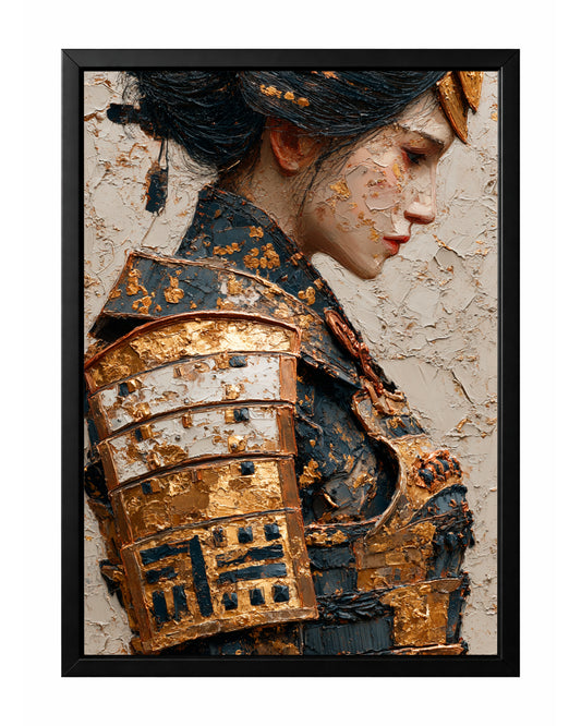 Japanese-inspired samurai woman portrait wall art with dark hair, gold armor, and cream textured background.