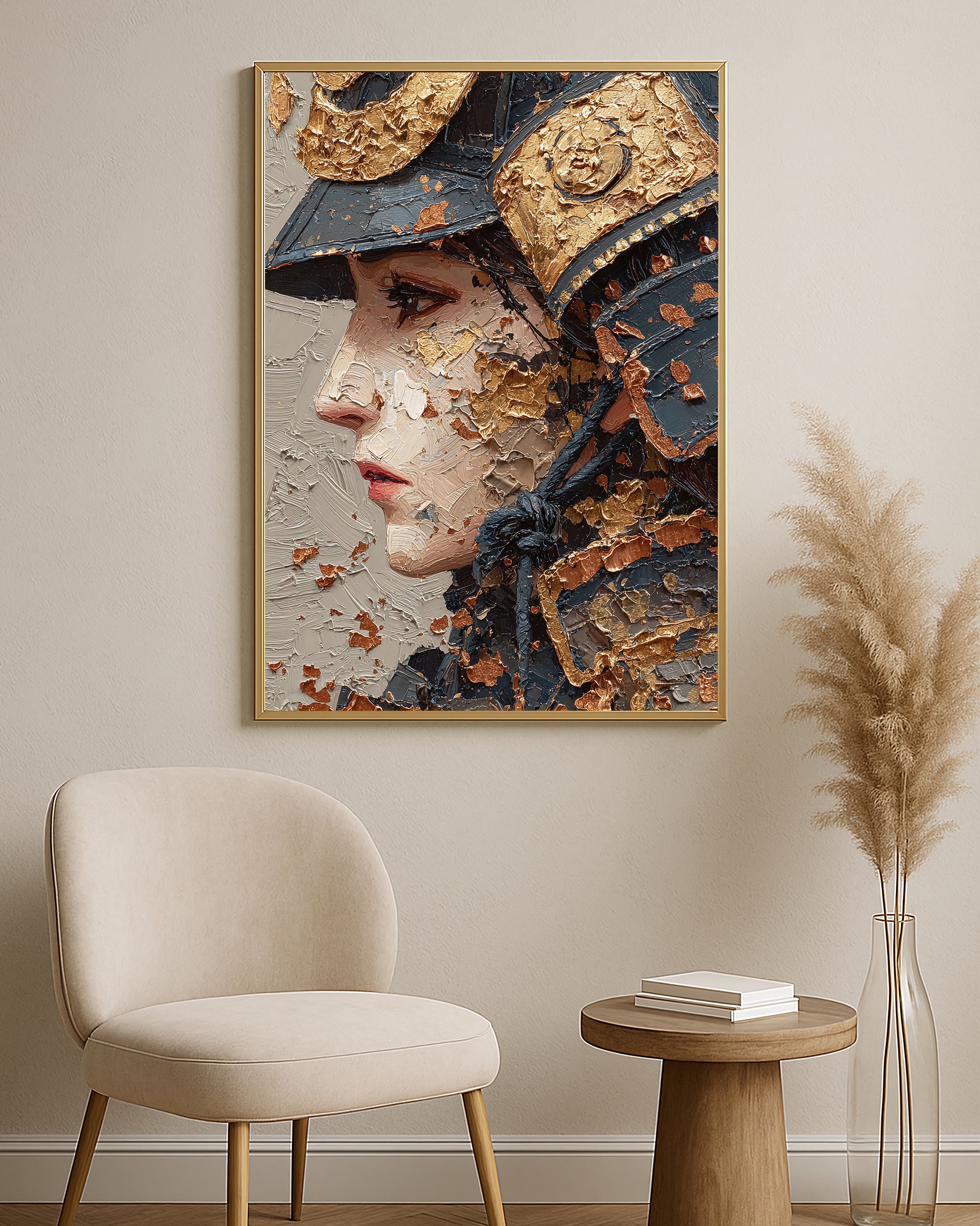 Dramatic warrior profile artwork featuring a dark samurai helmet, raised gold accents, and painterly texture.