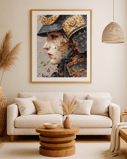 Close-up samurai portrait print with black and gold helmet details, cream plaster background, and side profile.