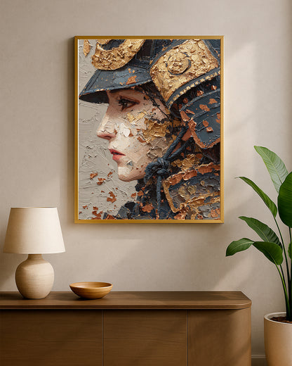 Textured Japanese warrior wall art with ornate helmet, metallic gold fragments, and expressive brushwork.