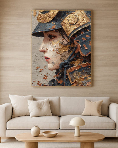 Fine art samurai helmet portrait with dark armor, gold highlights, and a refined textured neutral surface.