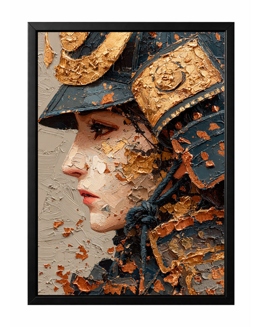Japanese-inspired samurai helmet portrait wall art with black armor, gold details, and cream textured background.