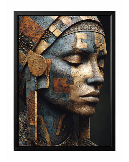 Textured portrait art of an African woman in profile with blue, bronze, and gold geometric panel details and a sculptural headdress.