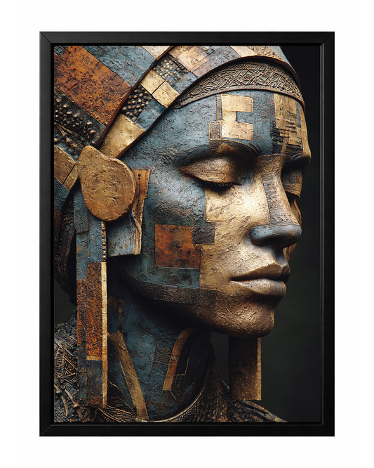Textured portrait art of an African woman in profile with blue, bronze, and gold geometric panel details and a sculptural headdress.