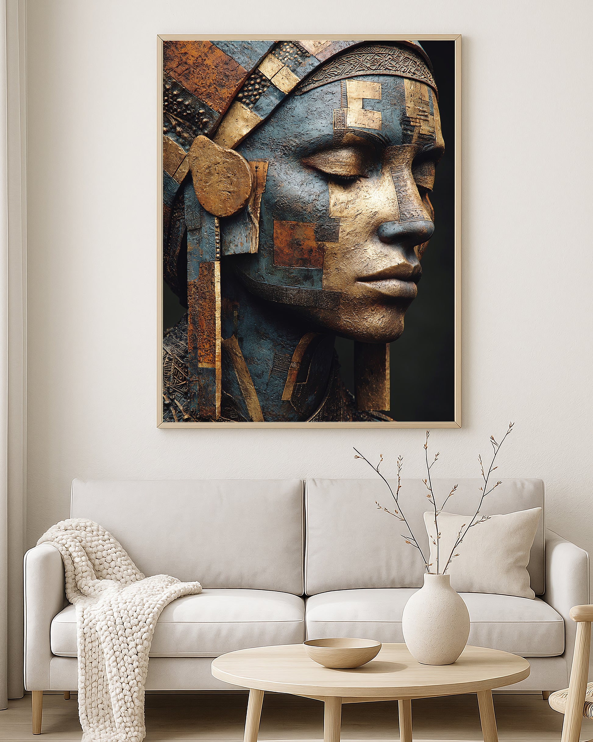 Mixed media portrait wall art featuring a woman with closed eyes, layered blue and gold facial textures, and intricate metallic detailing.