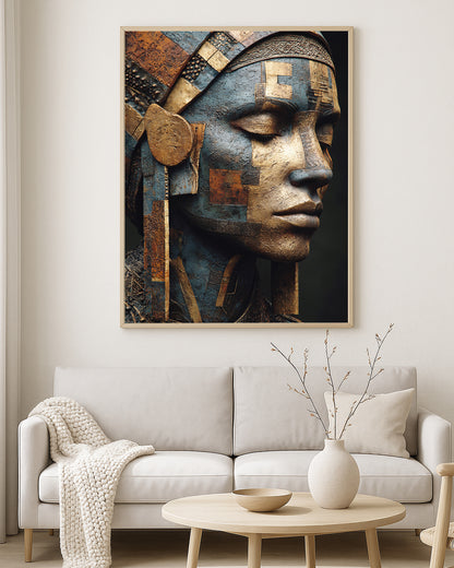 Mixed media portrait wall art featuring a woman with closed eyes, layered blue and gold facial textures, and intricate metallic detailing.