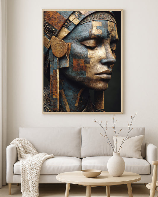 Mixed media portrait wall art featuring a woman with closed eyes, layered blue and gold facial textures, and intricate metallic detailing.
