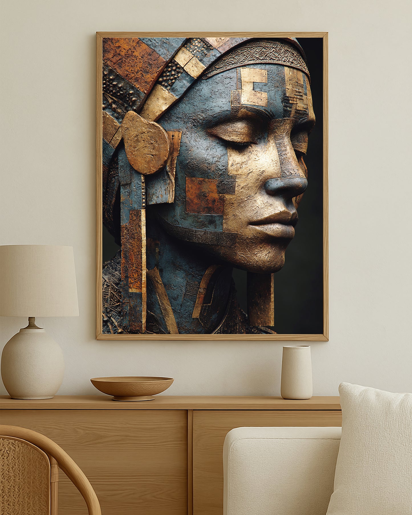 Editorial-style portrait artwork showing a woman in side profile with geometric collage elements, deep blue tones, and bronze-gold accents.