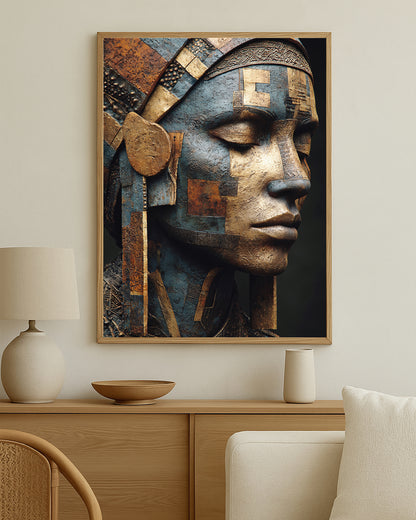 Editorial-style portrait artwork showing a woman in side profile with geometric collage elements, deep blue tones, and bronze-gold accents.