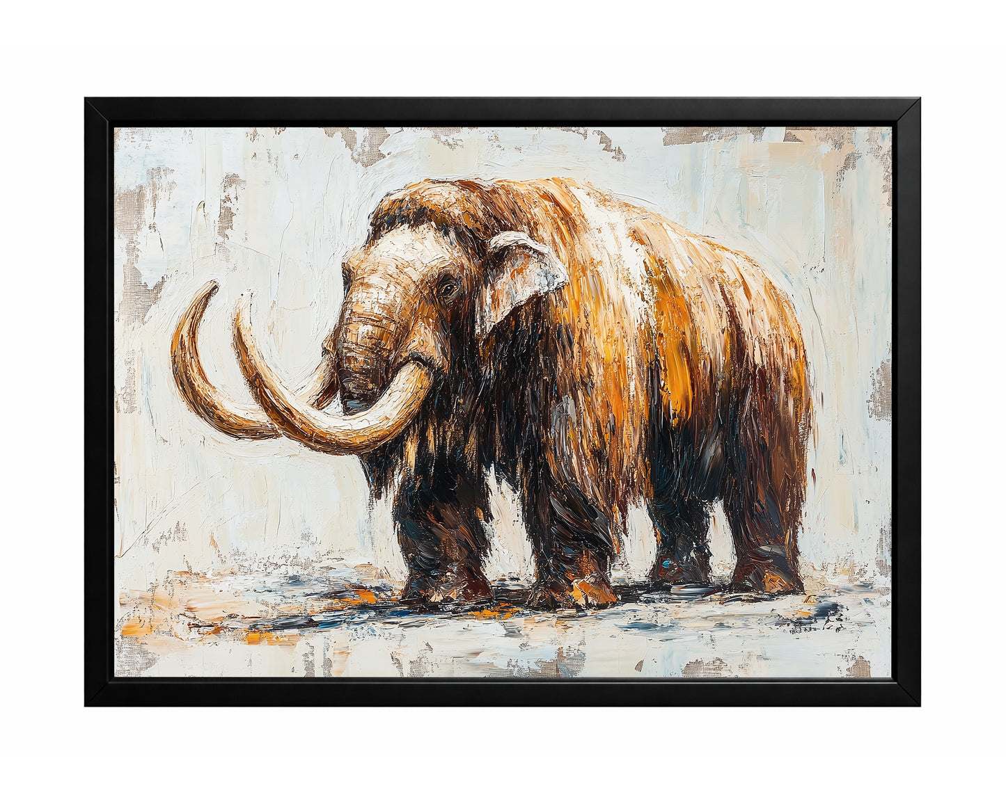 Textured mammoth wall art showing a woolly mammoth with long curved tusks on a light neutral background.
