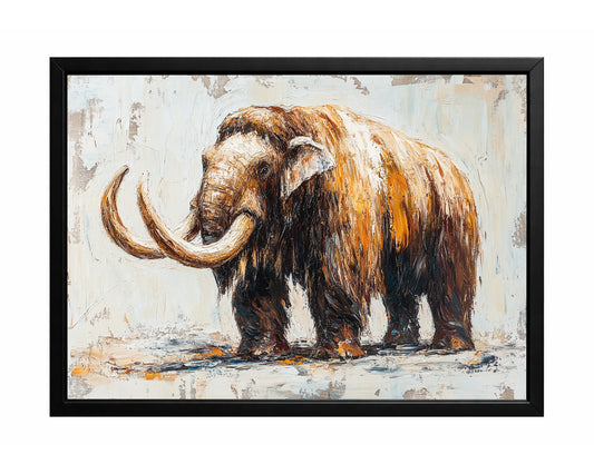 Textured mammoth wall art showing a woolly mammoth with long curved tusks on a light neutral background.